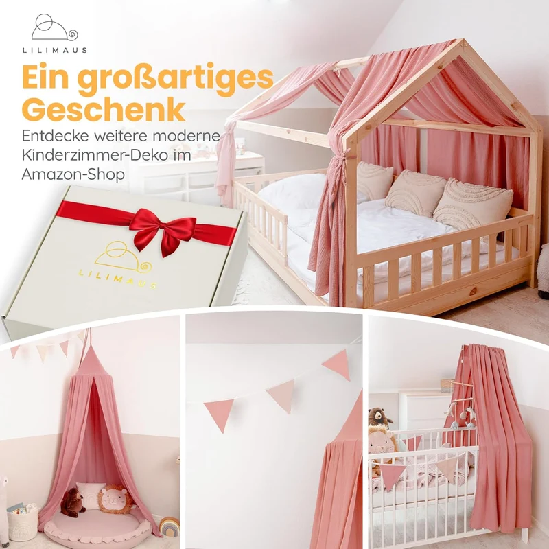 lilimaus Hausbett Himmel [Rosa] - Betthimmel Hausbett aus 100% Baumwolle Musselin Handmade - Stoffhi