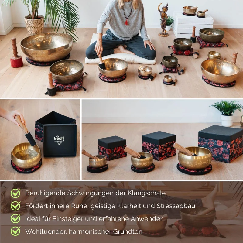 Indische Klangschalen mit BUDDHA-Verzierung und Geschenkbox | Singing Bowl Ø 11cm | Klangtherapie, M