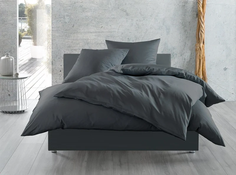 Mako-Satin Baumwollsatin Bettwäsche Uni einfarbig zum Kombinieren (Bettbezug 200 cm x 220 cm, Anthra