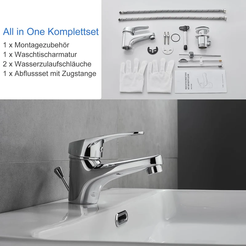 KEOKBON Wasserhahn Bad, Waschtischarmatur Einhebelmischer, Mischbatterie mit Zugstange Keine Schmutz