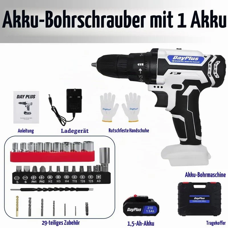 Akkuschrauber 21V Akku Bohrmaschine mit 25+1 Drehmomentstufen, 42Nm Akku-Bohrschrauber mit 45Nm Akku