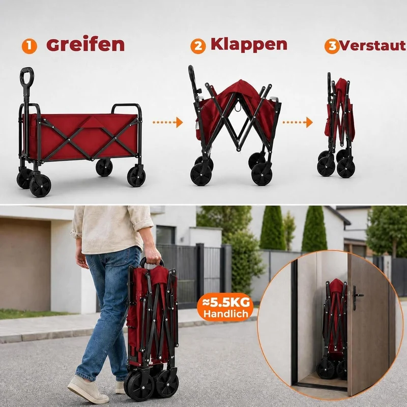 Litake Bollerwagen faltbar 220L, Gartenwagen mit All-Terrain-Rädern | Faltbarer Bollerwagen 220L mit