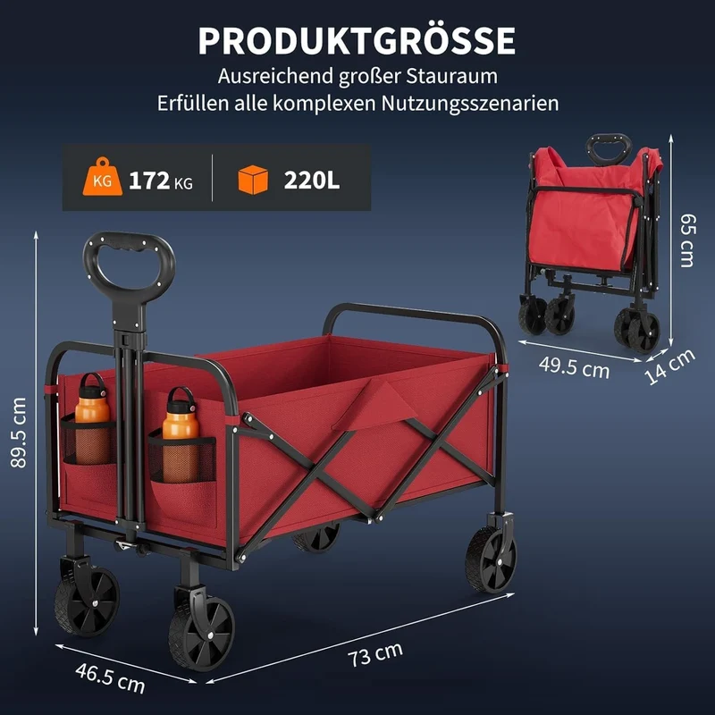 Litake Bollerwagen faltbar 220L, Gartenwagen mit All-Terrain-Rädern | Faltbarer Bollerwagen 220L mit