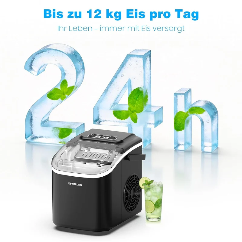 Eiswürfelmaschine – 8 Eiswürfel in 6 Minuten (12 kg/24 h), Selbstreinigend & Leise, 2 Eiswürfelgröss