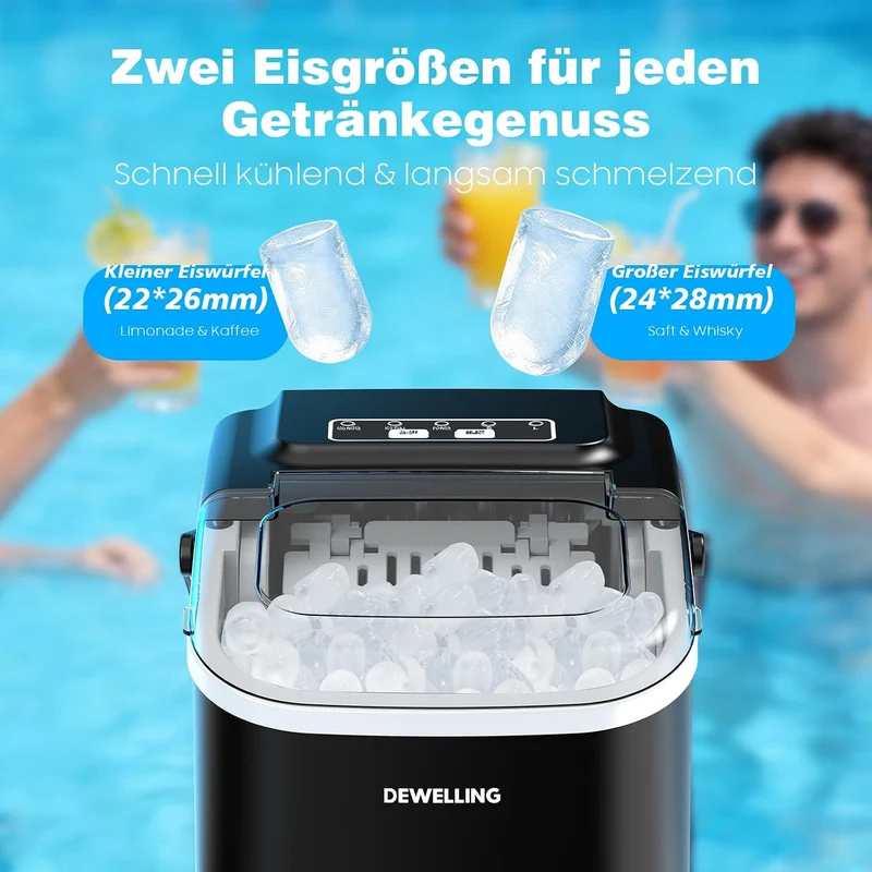 Eiswürfelmaschine – 8 Eiswürfel in 6 Minuten (12 kg/24 h), Selbstreinigend & Leise, 2 Eiswürfelgröss