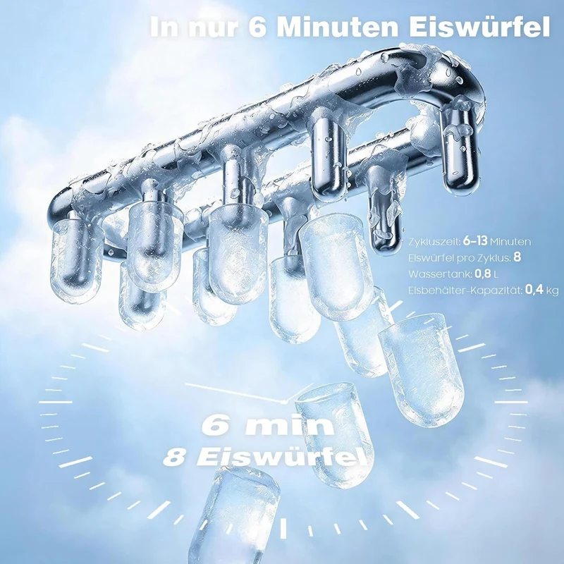Eiswürfelmaschine – 8 Eiswürfel in 6 Minuten (12 kg/24 h), Selbstreinigend & Leise, 2 Eiswürfelgröss