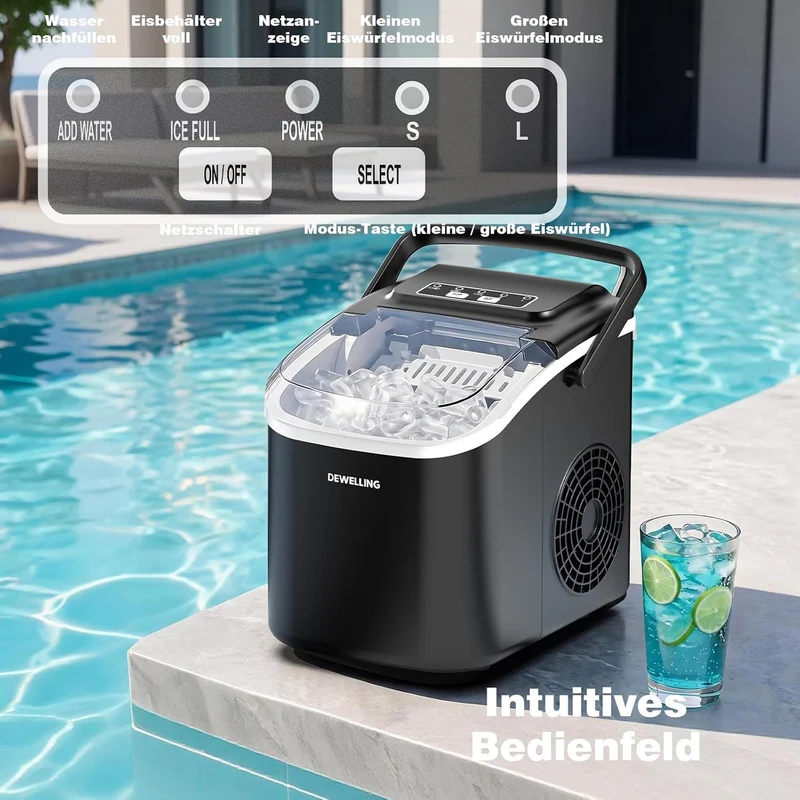 Eiswürfelmaschine – 8 Eiswürfel in 6 Minuten (12 kg/24 h), Selbstreinigend & Leise, 2 Eiswürfelgröss