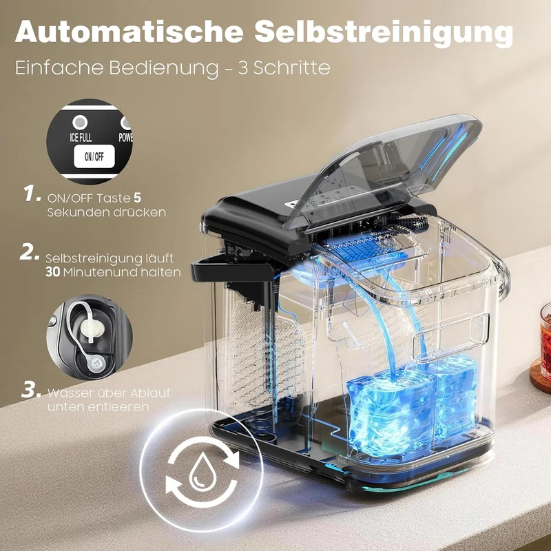 Eiswürfelmaschine – 8 Eiswürfel in 6 Minuten (12 kg/24 h), Selbstreinigend & Leise, 2 Eiswürfelgröss