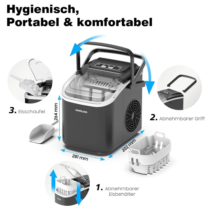 Eiswürfelmaschine – 8 Eiswürfel in 6 Minuten (12 kg/24 h), Selbstreinigend & Leise, 2 Eiswürfelgröss