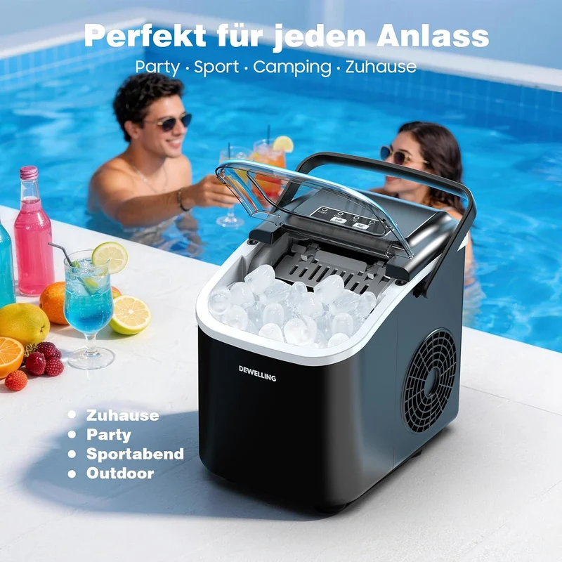 Eiswürfelmaschine – 8 Eiswürfel in 6 Minuten (12 kg/24 h), Selbstreinigend & Leise, 2 Eiswürfelgröss