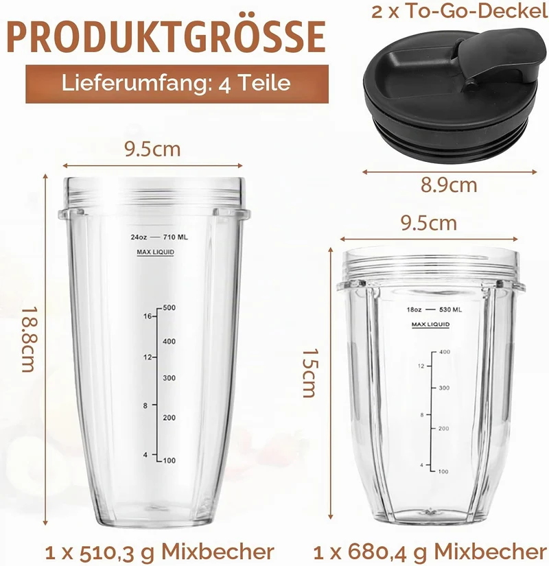 Ersatzbecher kompatibel mit Ninja Auto-iQ Blender – 18oz & 24oz Smoothie Cups mit Deckel – Passend f