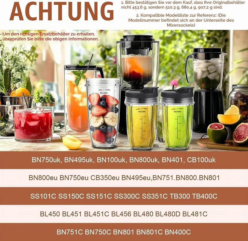 Ersatzbecher kompatibel mit Ninja Auto-iQ Blender – 18oz & 24oz Smoothie Cups mit Deckel – Passend f
