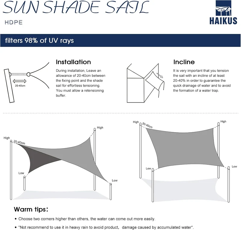 HAIKUS Sonnensegel 4x4 m Quadratisch, Premium HDPE UV Schutz Sonnenschutz Atmungsaktiv Wetterbeständ