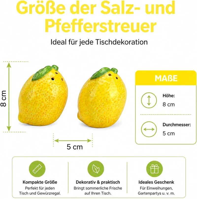 Salz- und Pfefferstreuer Zitrone 2er-Set aus Keramik (6x7x6cm) – Gelbe Zitronen Gewürzstreuer für me