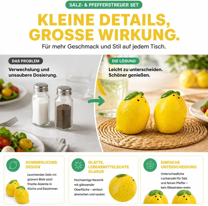 Salz- und Pfefferstreuer Zitrone 2er-Set aus Keramik (6x7x6cm) – Gelbe Zitronen Gewürzstreuer für me
