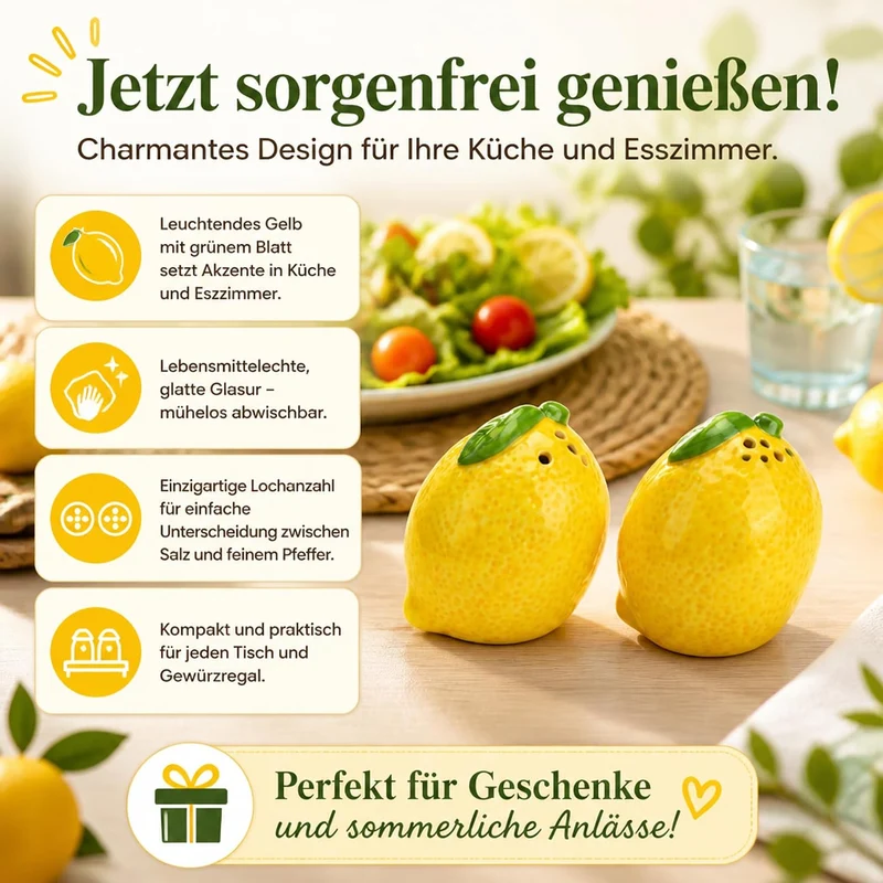 Salz- und Pfefferstreuer Zitrone 2er-Set aus Keramik (6x7x6cm) – Gelbe Zitronen Gewürzstreuer für me