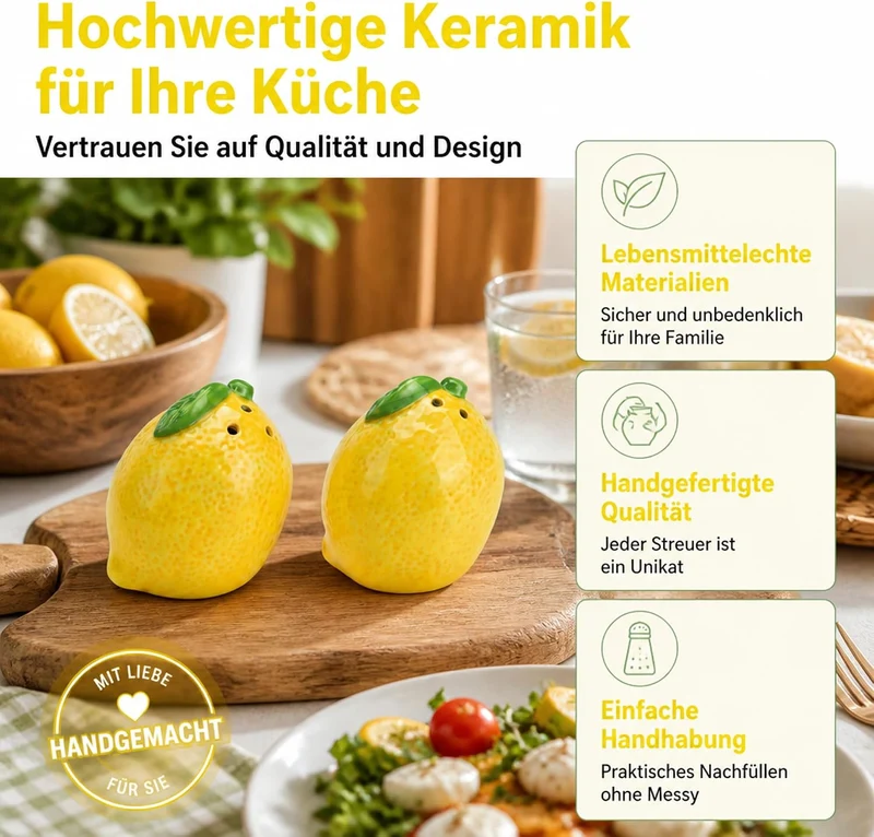 Salz- und Pfefferstreuer Zitrone 2er-Set aus Keramik (6x7x6cm) – Gelbe Zitronen Gewürzstreuer für me