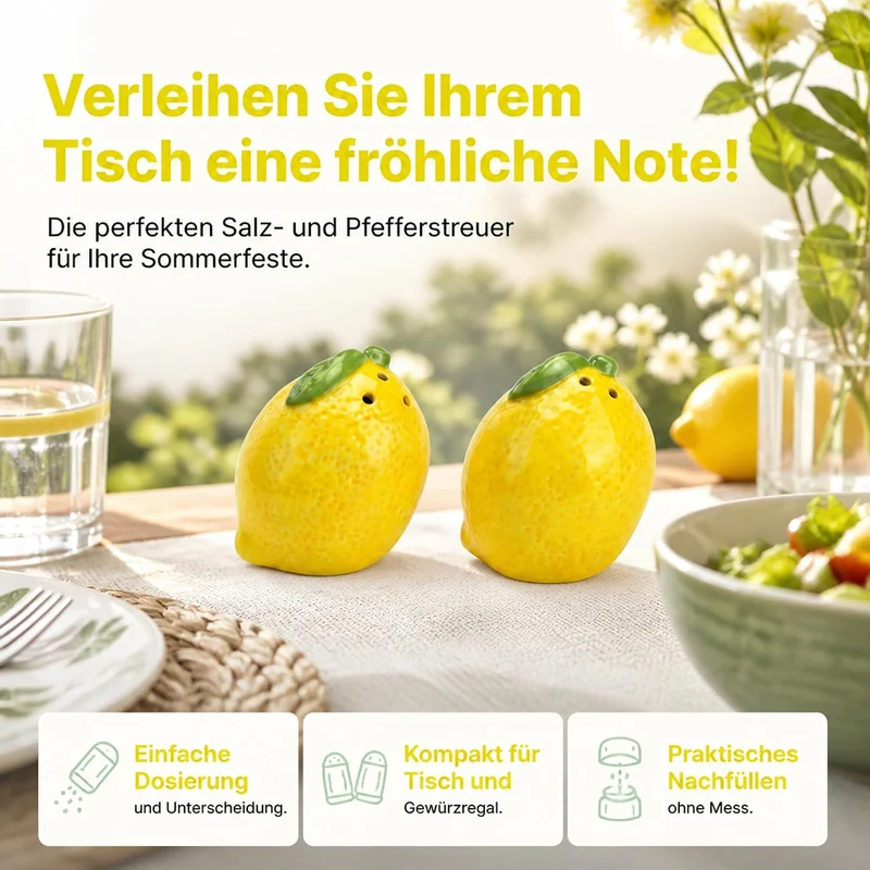 Salz- und Pfefferstreuer Zitrone 2er-Set aus Keramik (6x7x6cm) – Gelbe Zitronen Gewürzstreuer für me