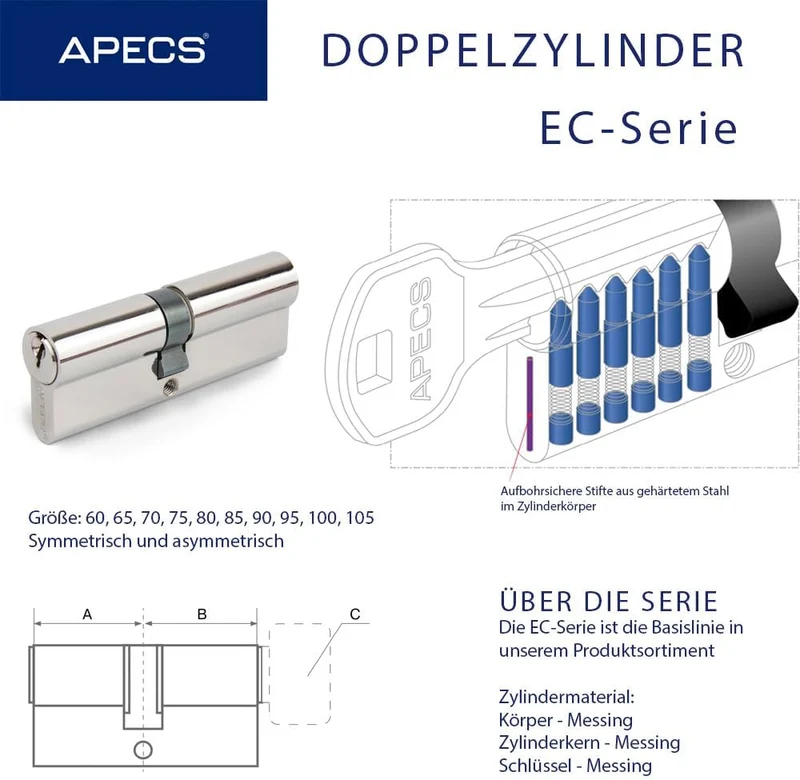 Schliesszylinder APECS Schliessbar vernickeltes Zylinderschloss Profilzylinder 40/40 mm fur Türschlo