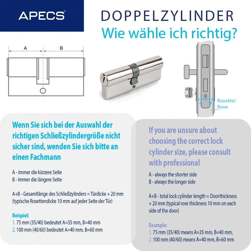 Schliesszylinder APECS Schliessbar vernickeltes Zylinderschloss Profilzylinder 40/40 mm fur Türschlo