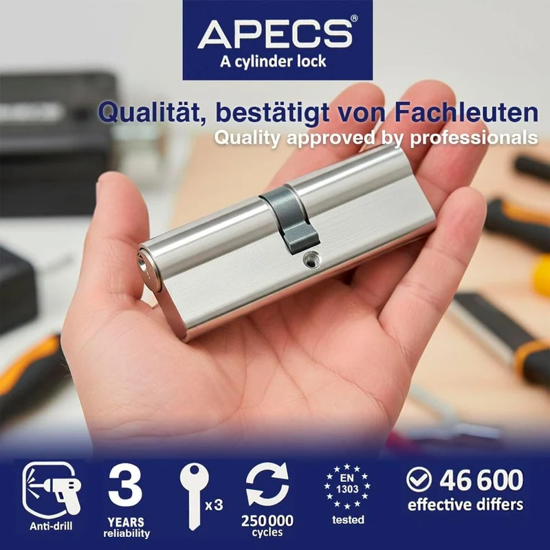 Schliesszylinder APECS Schliessbar vernickeltes Zylinderschloss Profilzylinder 40/40 mm fur Türschlo