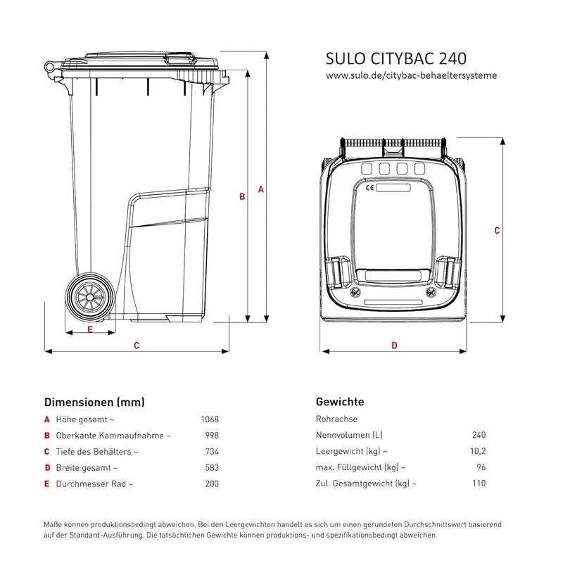 plasteo SULO Mülltonnen 2X 240L HD-PE UV-beständig Made in Germany | 2 robuste 240L Abfalltonnen aus