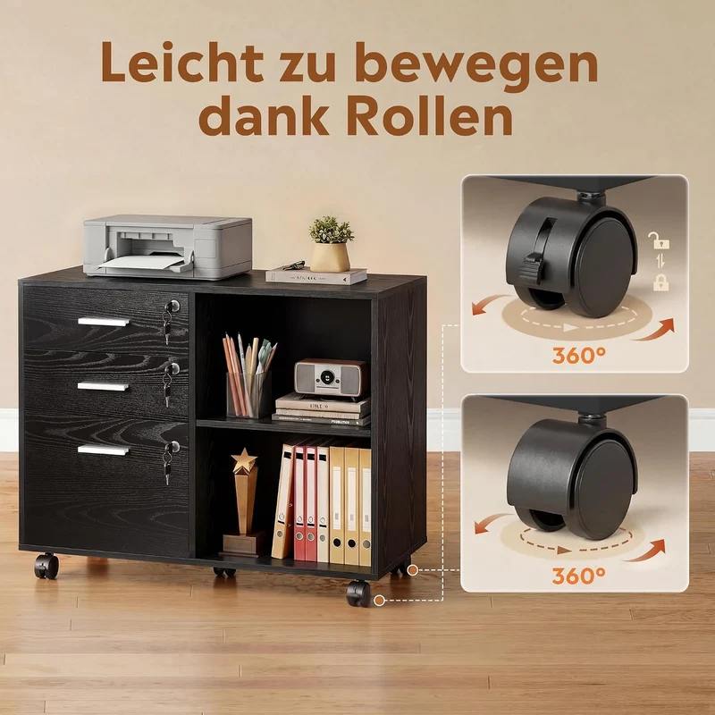 DEVAISE Rollcontainer abschliessbar mit 3 Schubladen und offenen Fächern, Schreibtisch Schrank für B