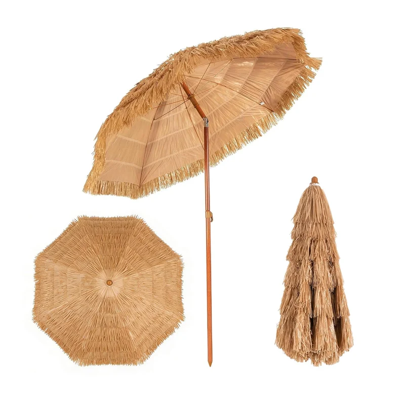 GOPLUS Sonnenschirm Hawaii, Ø 175 cm Sonnenschirm Stroh um 30° knickbar, Strandschirm mit PP-Stroh &