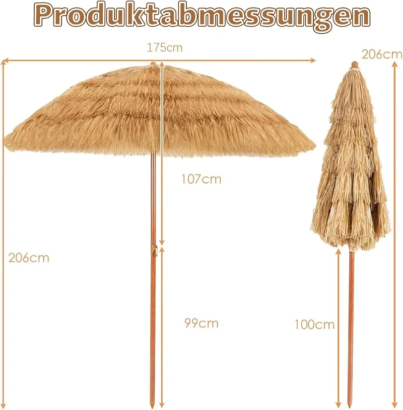 GOPLUS Sonnenschirm Hawaii, Ø 175 cm Sonnenschirm Stroh um 30° knickbar, Strandschirm mit PP-Stroh &
