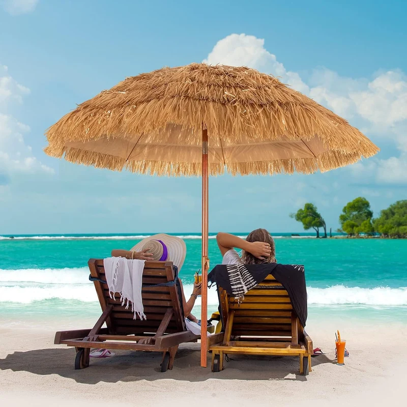 GOPLUS Sonnenschirm Hawaii, Ø 175 cm Sonnenschirm Stroh um 30° knickbar, Strandschirm mit PP-Stroh &