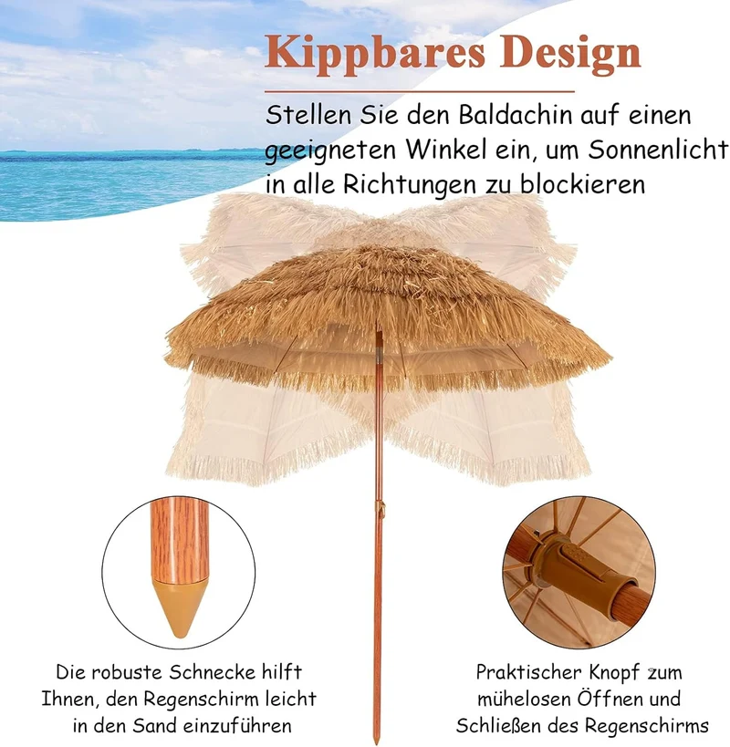 GOPLUS Sonnenschirm Hawaii, Ø 175 cm Sonnenschirm Stroh um 30° knickbar, Strandschirm mit PP-Stroh &