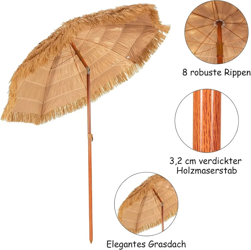 GOPLUS Sonnenschirm Hawaii, Ø 175 cm Sonnenschirm Stroh um 30° knickbar, Strandschirm mit PP-Stroh &