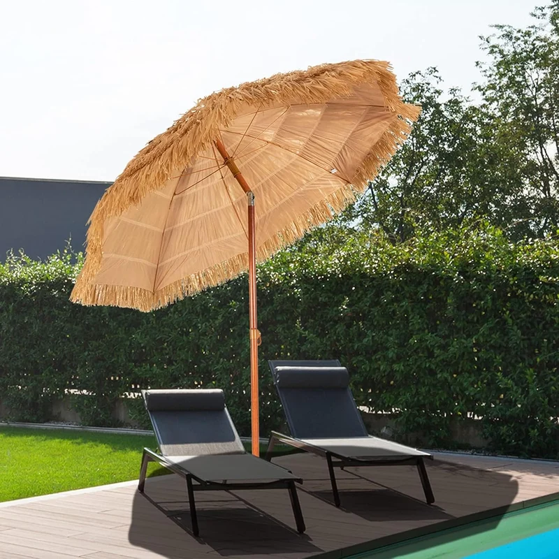 GOPLUS Sonnenschirm Hawaii, Ø 175 cm Sonnenschirm Stroh um 30° knickbar, Strandschirm mit PP-Stroh &