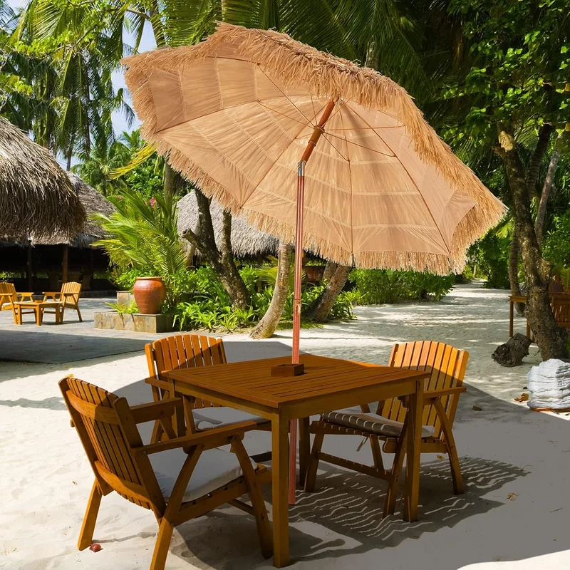 GOPLUS Sonnenschirm Hawaii, Ø 175 cm Sonnenschirm Stroh um 30° knickbar, Strandschirm mit PP-Stroh &