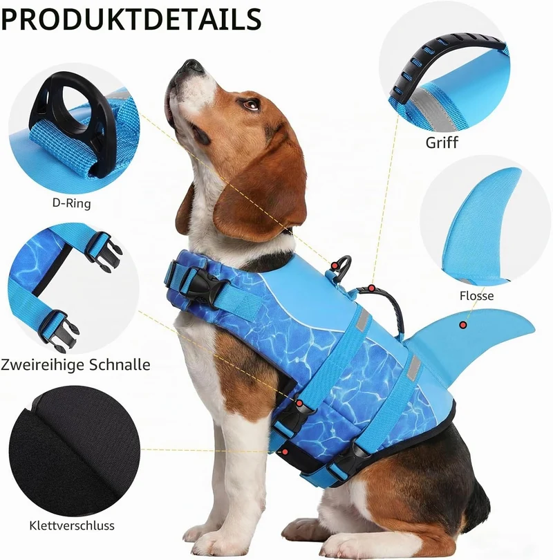 CITÉTOILE Schwimmweste Hund Hai, Hundeschwimmweste & Dog Life Jacket Verstellbar mit Griff und Refle