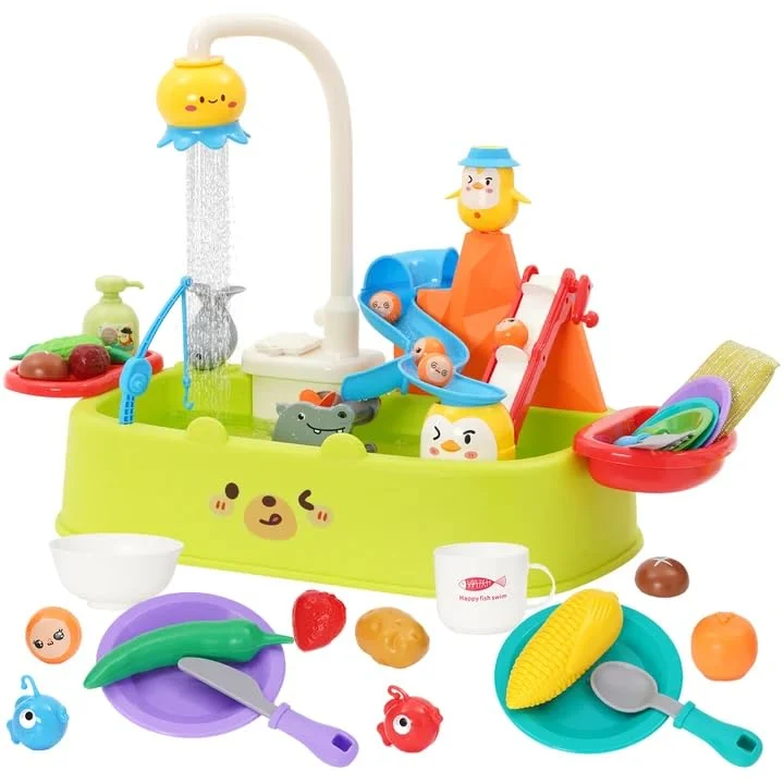 Kinder Spülbecken mit Wasserhahn,Küchenspüle Spielzeug Set mit Wasserkreislauf, Spielküche Zubehör,R