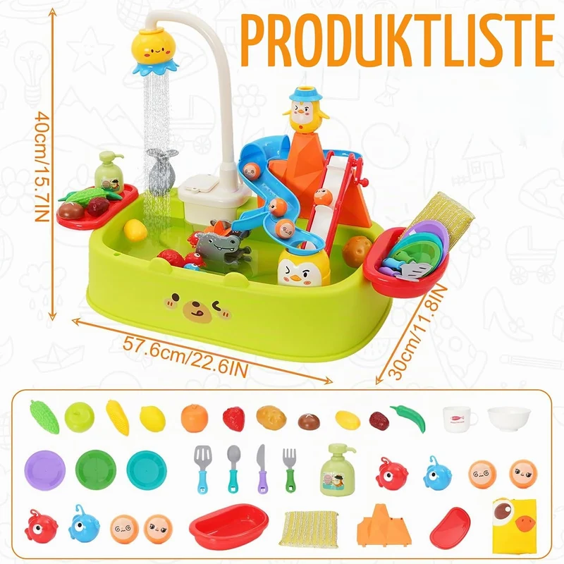 Kinder Spülbecken mit Wasserhahn,Küchenspüle Spielzeug Set mit Wasserkreislauf, Spielküche Zubehör,R