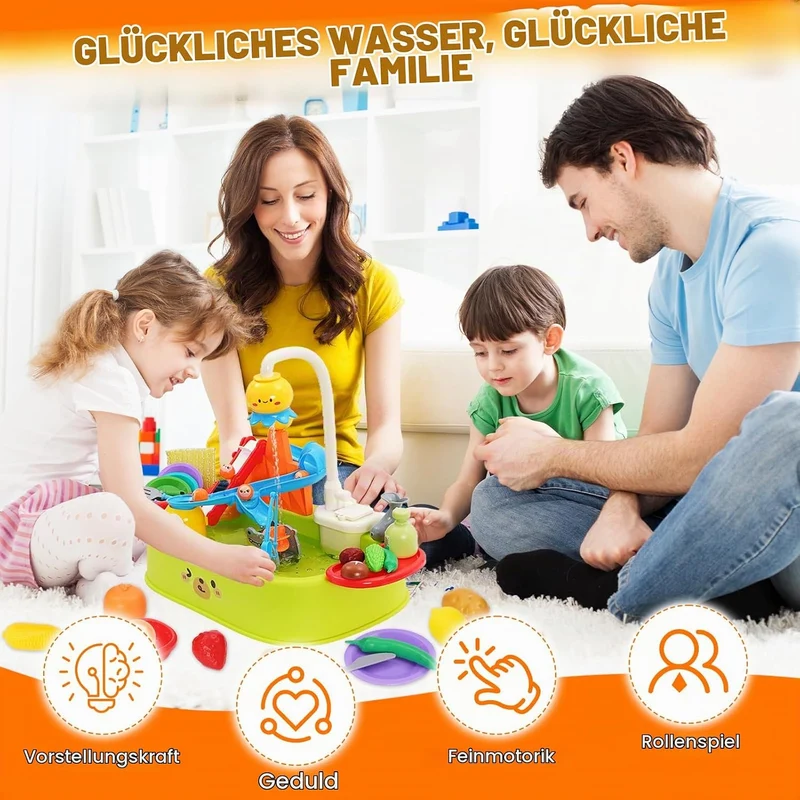 Kinder Spülbecken mit Wasserhahn,Küchenspüle Spielzeug Set mit Wasserkreislauf, Spielküche Zubehör,R
