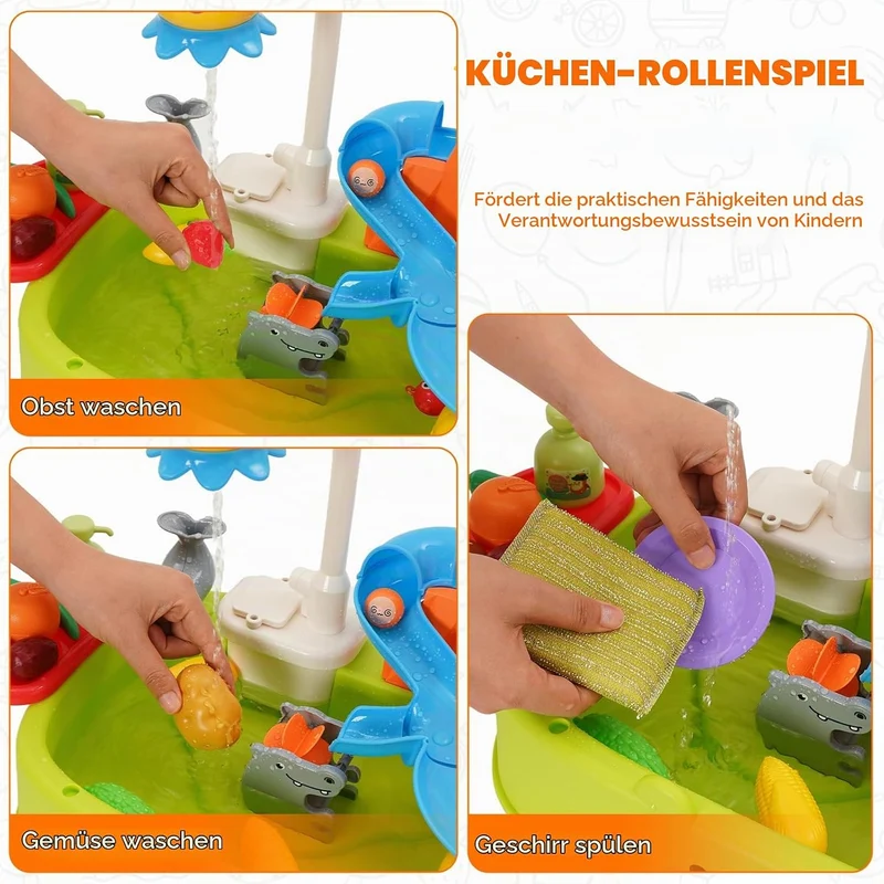 Kinder Spülbecken mit Wasserhahn,Küchenspüle Spielzeug Set mit Wasserkreislauf, Spielküche Zubehör,R