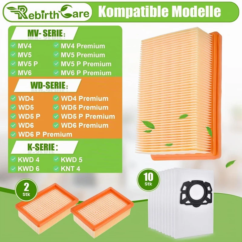 10 Stück Staubsaugerbeutel und 2 Filter als Ersatz für Kärcher WD5 WD6 WD4 WD5P Premium MV4 MV5 MV6,