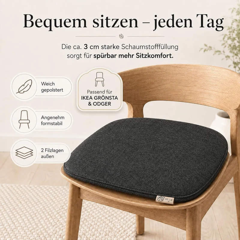 SILUK gemütliches Sitzkissen aus Filz 40cm x 40 cm - Komfortable Waschbare - 4er Set Grau I Schwarz