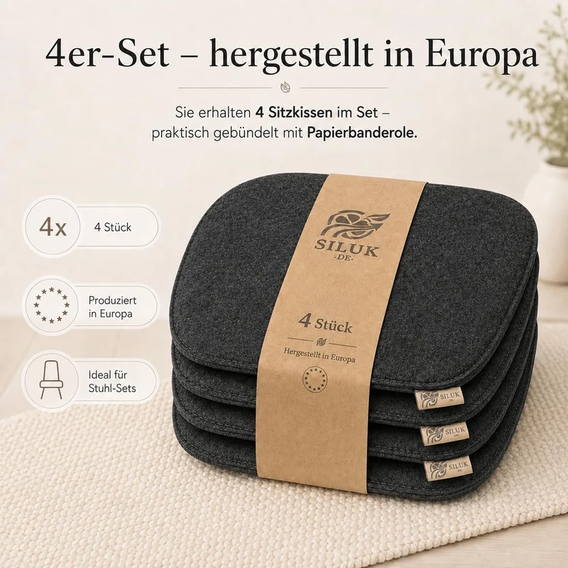 SILUK gemütliches Sitzkissen aus Filz 40cm x 40 cm - Komfortable Waschbare - 4er Set Grau I Schwarz
