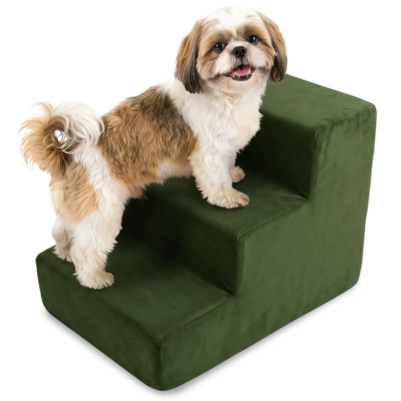 murando Hundetreppe für Kleine Hunde 3 Stufen 30 cm, Samt - Khaki | Haustiertreppe für Bett, Sofa, B