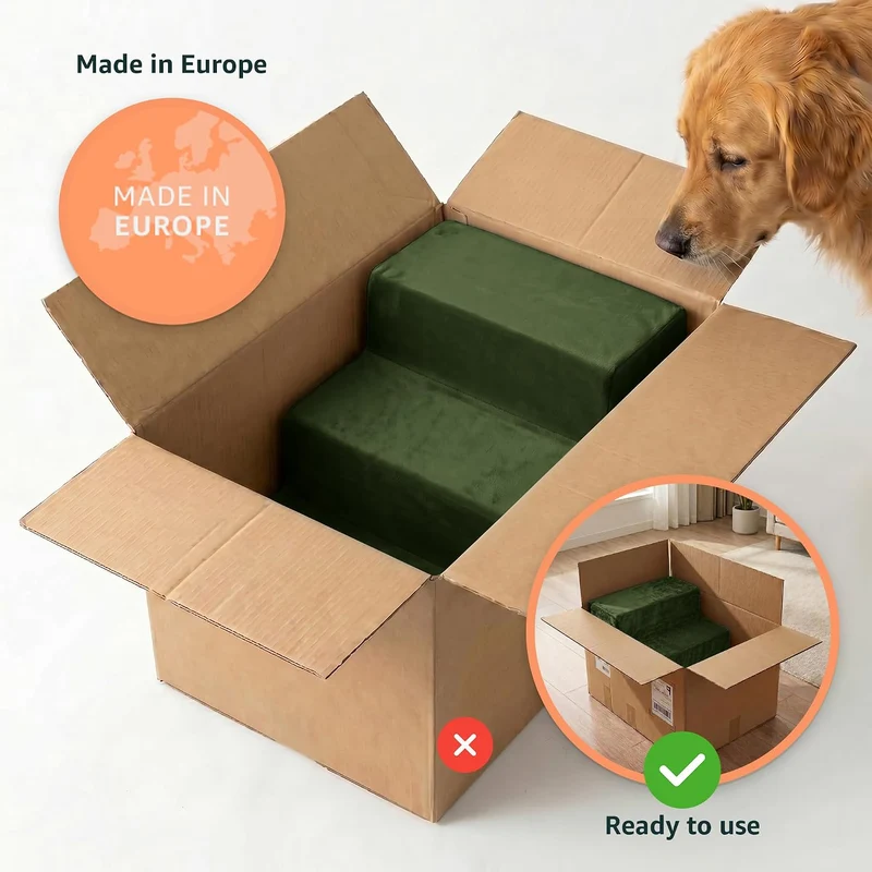 murando Hundetreppe für Kleine Hunde 3 Stufen 30 cm, Samt - Khaki | Haustiertreppe für Bett, Sofa, B