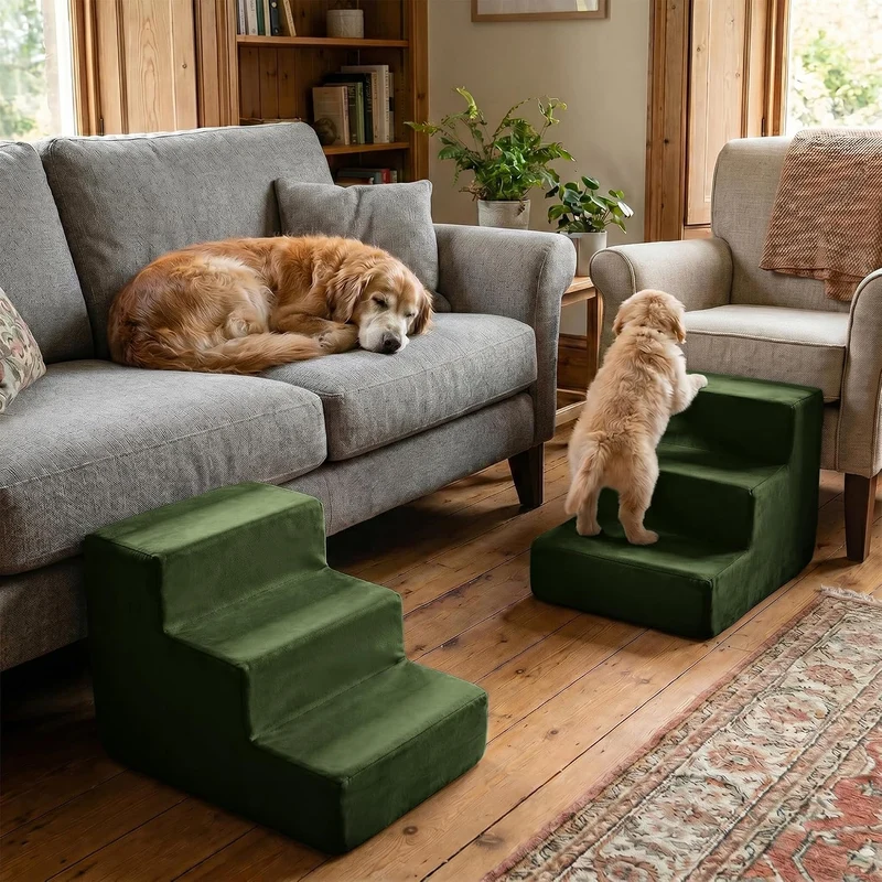 murando Hundetreppe für Kleine Hunde 3 Stufen 30 cm, Samt - Khaki | Haustiertreppe für Bett, Sofa, B