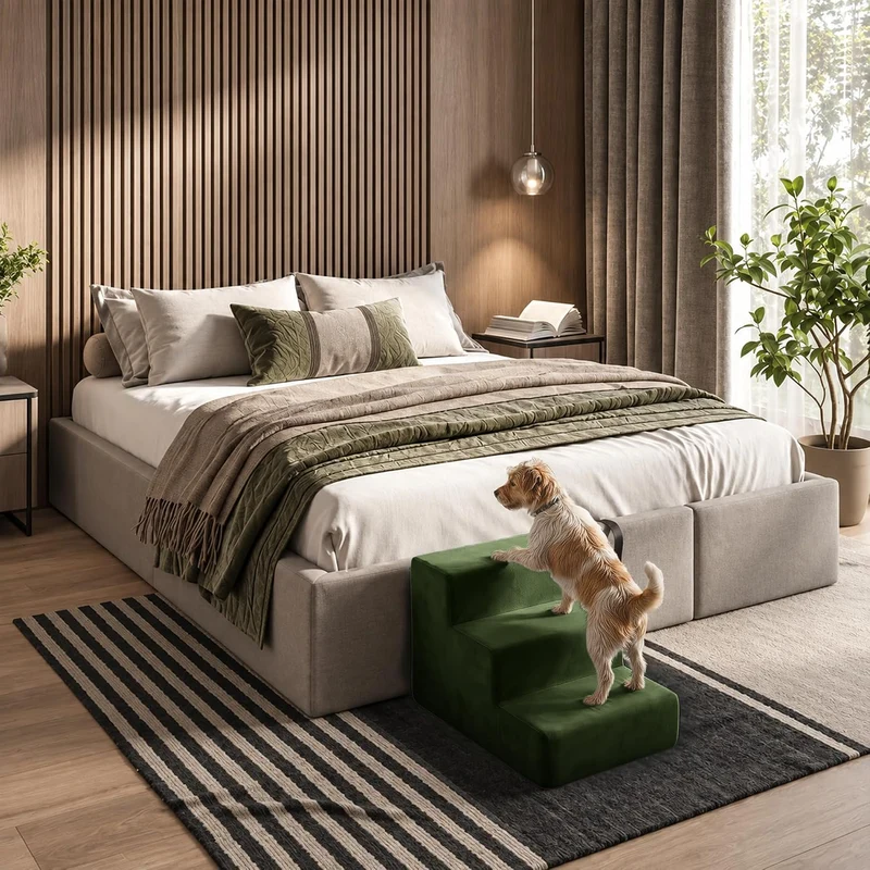 murando Hundetreppe für Kleine Hunde 3 Stufen 30 cm, Samt - Khaki | Haustiertreppe für Bett, Sofa, B