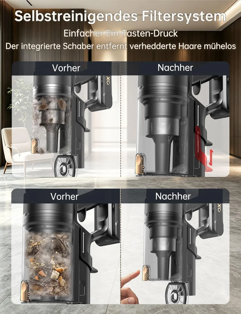 OXVAC Akku Staubsauger Kabellos 600W/58KPa/65Min, Display, 1,6L Staubbecher, Wandladestation, Selbst