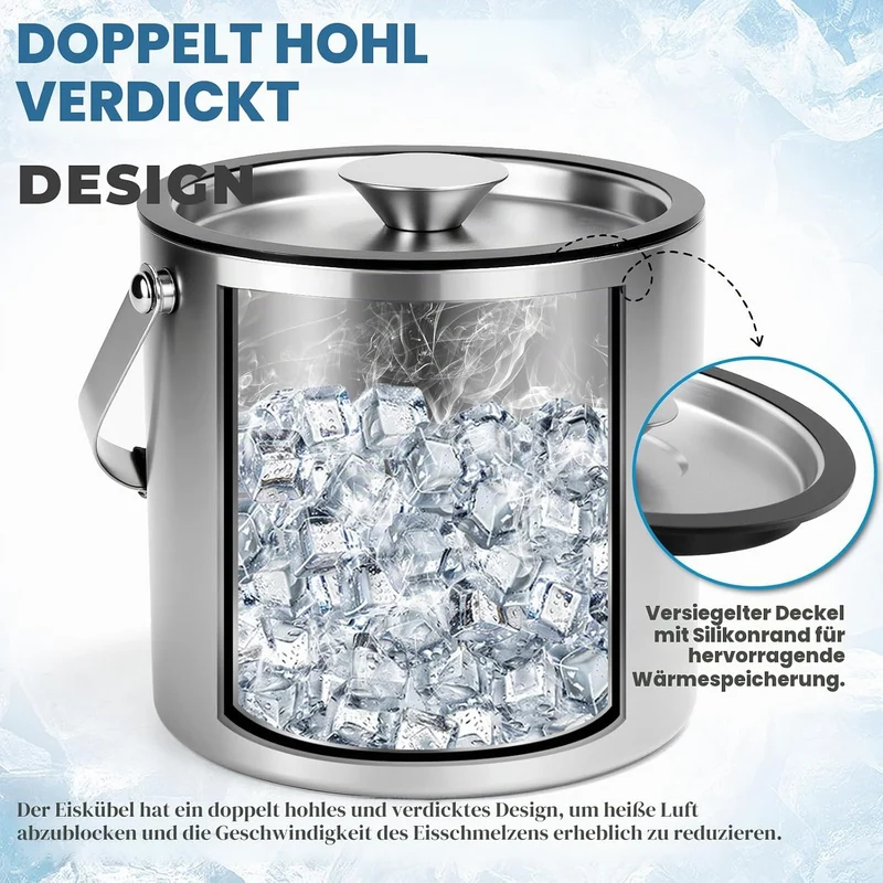 3L Eiswürfelbehälter mit Deckel Eiskübel Edelstahl Eisbehälter für Eiswürfel Doppelwandiger Isoliert