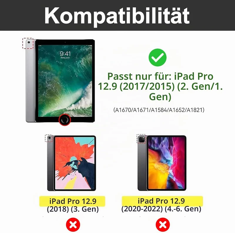 Tastatur Hülle für iPad Pro 12.9 Zoll 1./2. Generation (2017/2025), Schwarz | Deutsches QWERTZ Layou