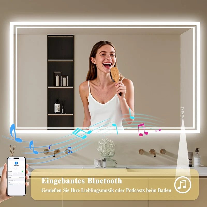 Badspiegel-mit-Beleuchtung 100x70cm - Badezimmer Spiegel mit Bluetooth - Badezimmerspiegel mit Besch